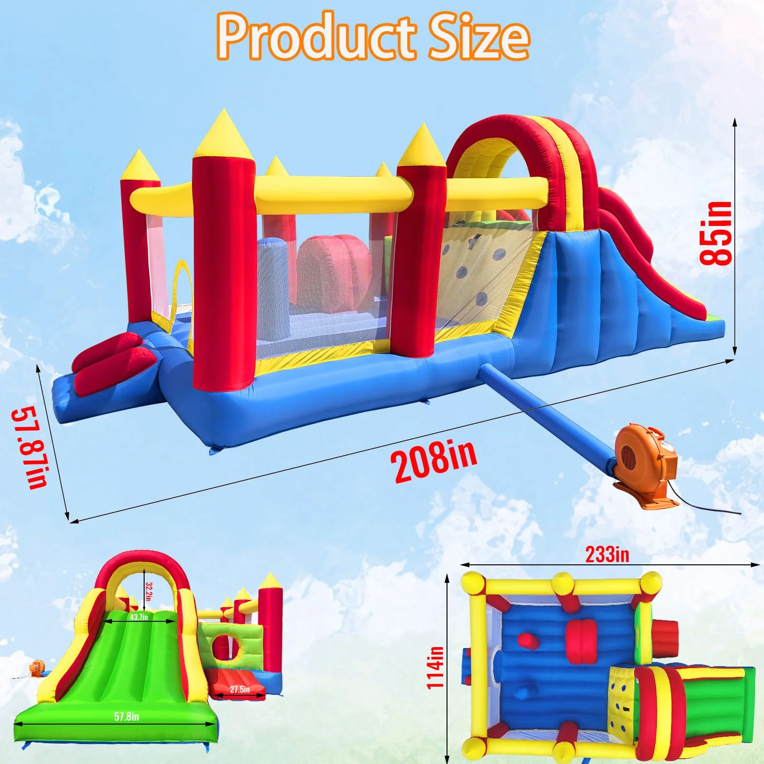 Ballsea Hüpfburg XXL - Riesiges aufblasbares Schloss mit großer Rutsche und Trampolin, 592x290x216 cm - Ideal für Kindergeburtstag und Garten (ohne Gebläse)