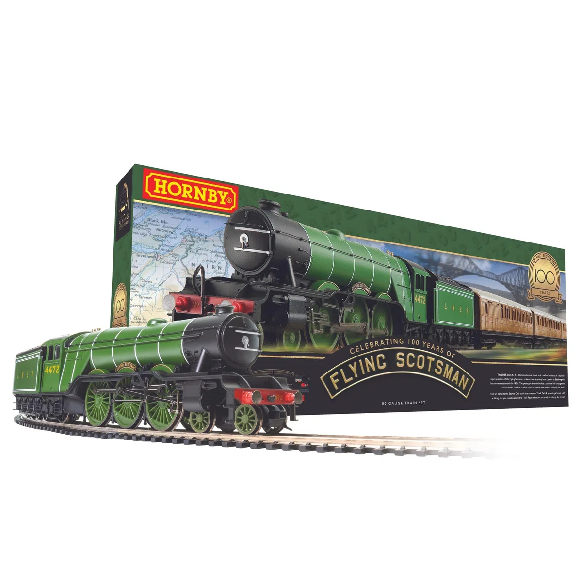 Hornby R1255M Flying Scotsman Train Set - Analog Spurweite 0,000 € Modelleisenbahn inkl. Lokomotive, 3X Reisebusse, Ovalstarterbahn - Starter Elektrische Modelleisenbahn Sets - Maßstab 1:76