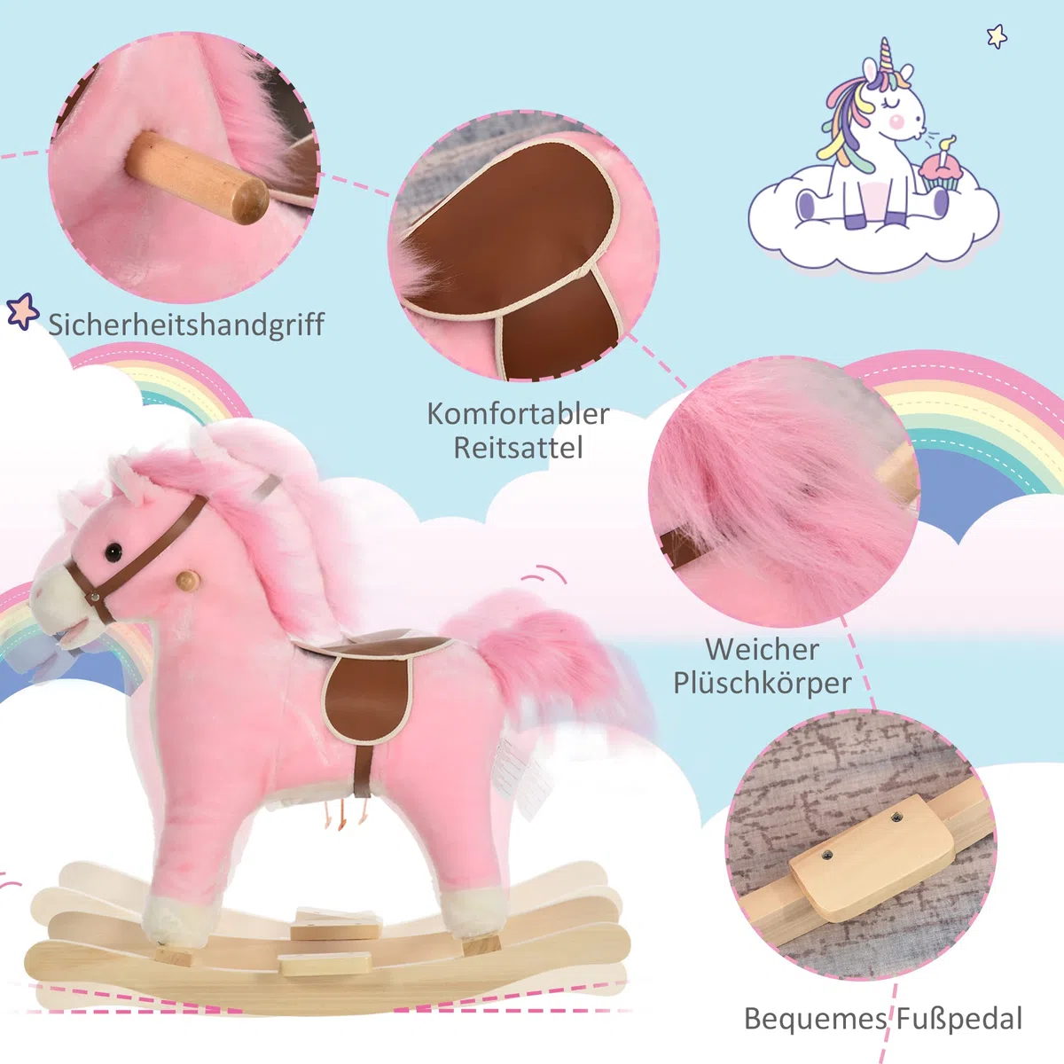 HOMCOM Kinder Schaukelpferd Baby Schaukeltier Pferd mit Tiergeräusche Spielzeug Haltegriffe für 36-72 Monate Plüsch Rosa 65 x 32,5 x 61 cm