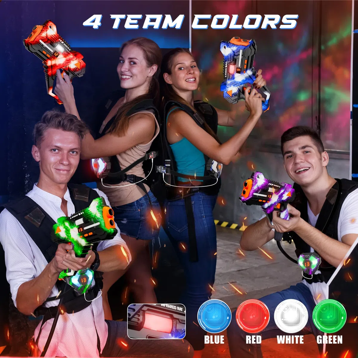 Wiederaufladbare Laser Tag 360° Kämpfen - 2.4GHz Data SYNC Display Laser Tag mit Weste und Rücken Ziel 4 Spieler,Infrarot Laser Tag Spiel für drinnen und draußen für Kinder Teen Alter 6-12+ Jahre alt