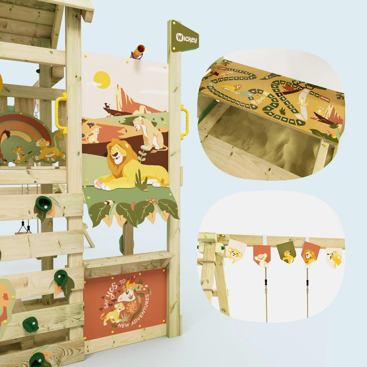 Disney's Der König der Löwen Story Spielturm von Wickey - Klettergerüst, Kletterturm, Gartenspielgerät für Kinder - Outdoor Garten Spielplatz aus Holz mit Sandkasten