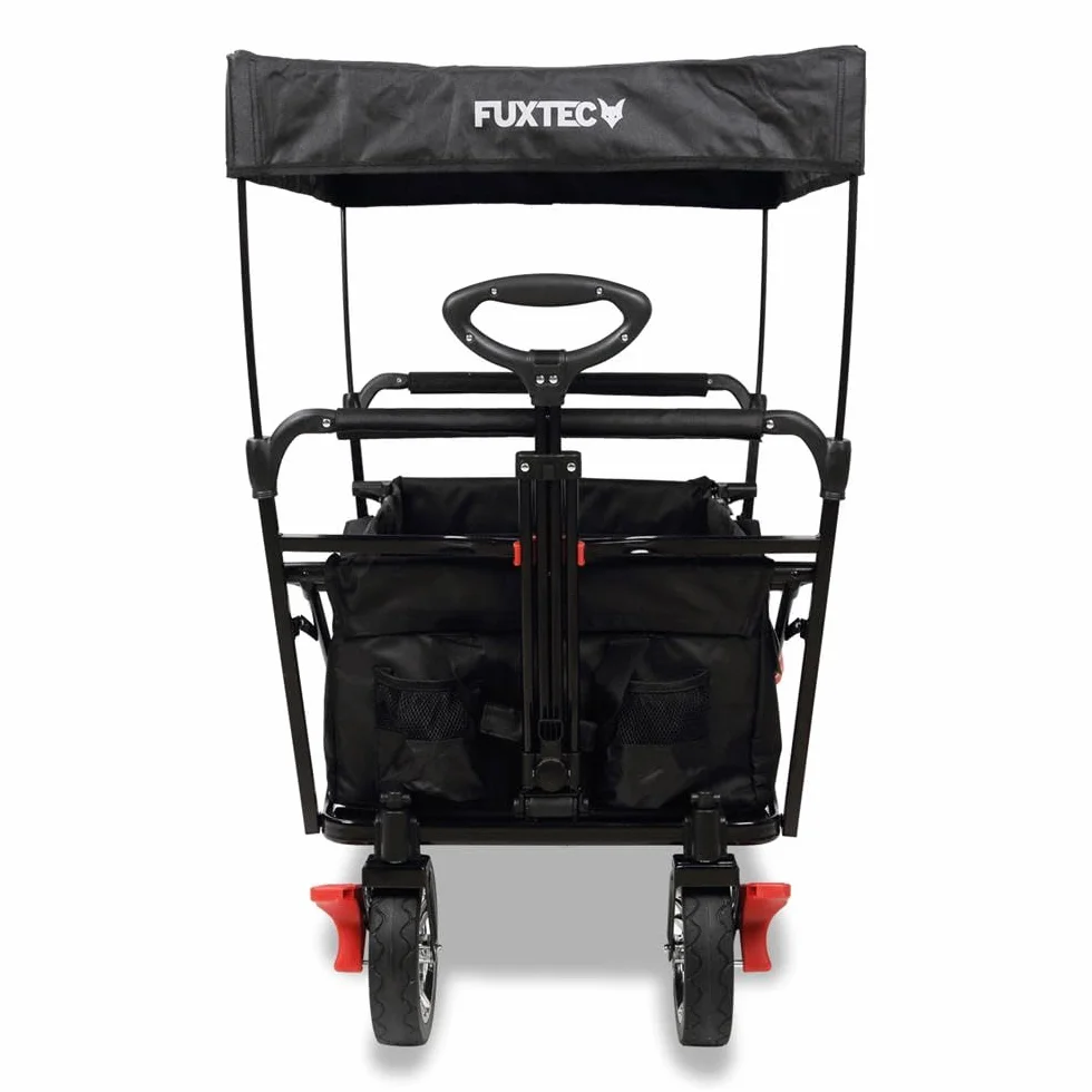 FUXTEC Bollerwagen faltbar FX-CT500 Schwarz mit Dach - Transportwagen klappbar | inkl. Hecktasche & verstellbarer Ziehstange | Feststellbremse | Vollprofilreifen | Handwagen/Leiterwagen – Das Original