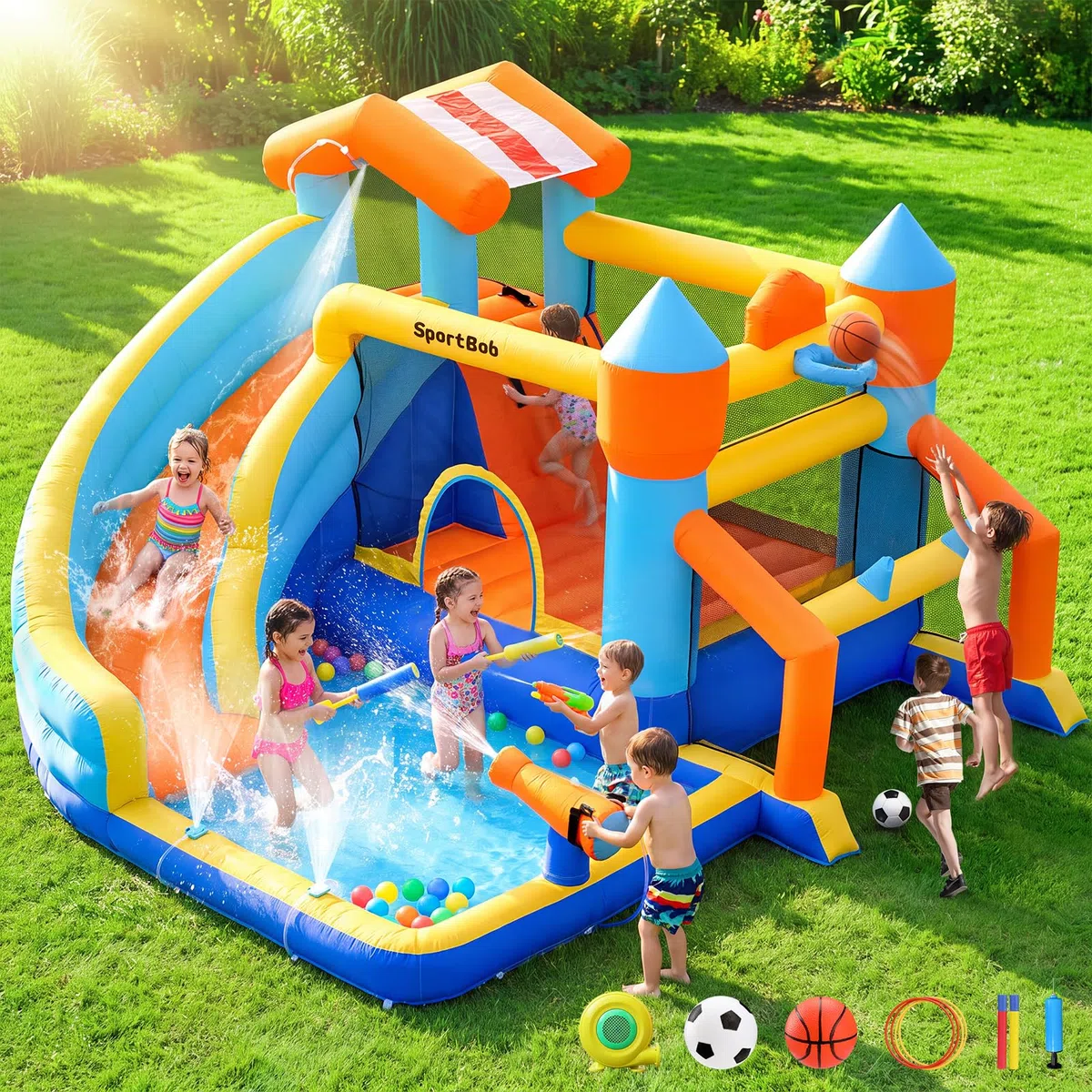 Hüpfburg Kinder mit Wasserrutsche und Gebläse, Hüpfburg XXL für Kinder Indoor & Outdoor mit Fußballtor, Wasserbüchse und Basketballkorb, Wasserpark für den Kinder Garten Geburtstag Party
