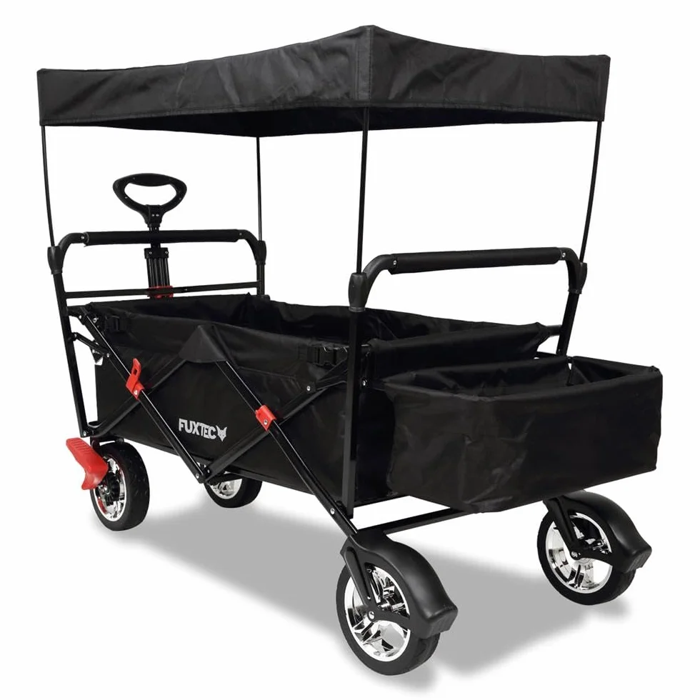 FUXTEC Bollerwagen faltbar FX-CT500 Schwarz mit Dach - Transportwagen klappbar | inkl. Hecktasche & verstellbarer Ziehstange | Feststellbremse | Vollprofilreifen | Handwagen/Leiterwagen – Das Original