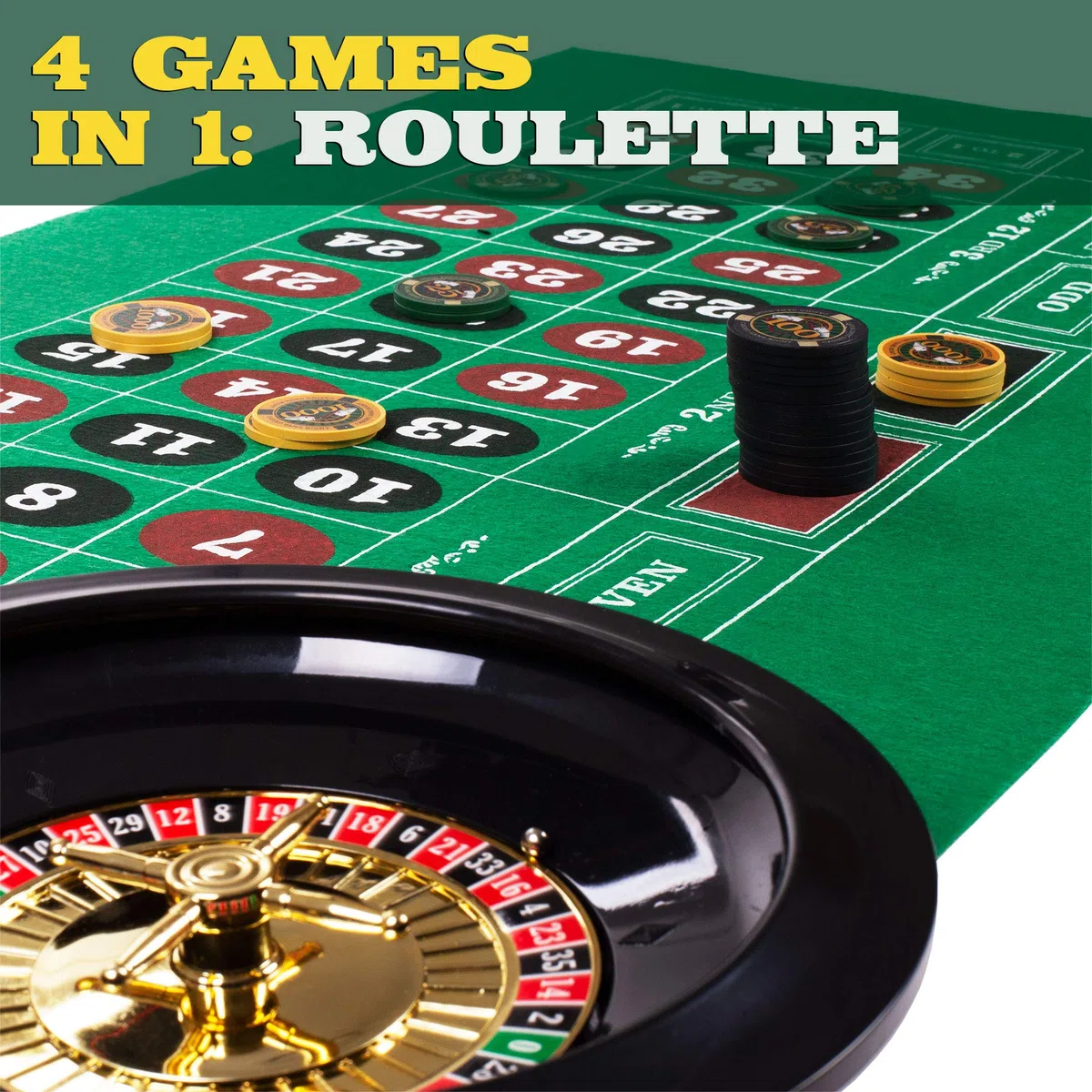 Brybelly Casino Night 4-in-1 Komplettes Spielset mit Filz, Rad, 100 Chips, Würfel & Karten für Blackjack, Craps, Roulette & Texas Hold'em - Grüner Filz Doppelseitige Casino Tischplatte Gamingmatte