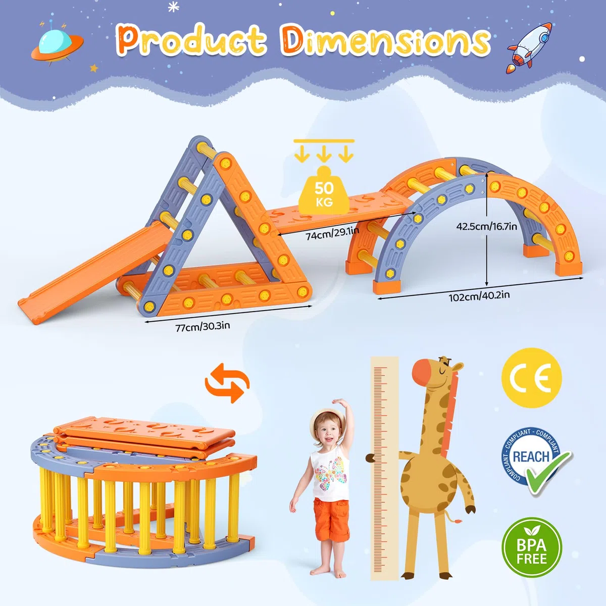 Montessori Klettergerüst Set, Indoor Kletterdreieck mit Dreieckiges Klettergerüst,Halbkreis, Leiter,Rutsche aus Kunststoff Kletterturnhalle für Babys (Orangeblau 005)