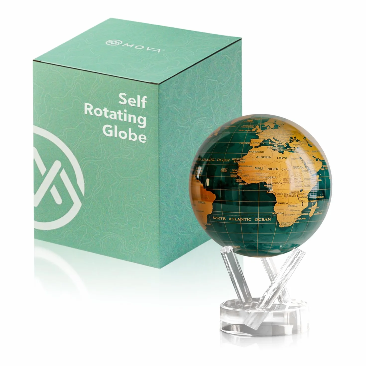 MOVA Globus Smaragdgrün & Gold Klassik (4,5") – Solar Globus | Rotierende Weltkugel ohne Batterien | Elegantes Design | Luxus Deko für Büro und Zuhause | 11.5 CM