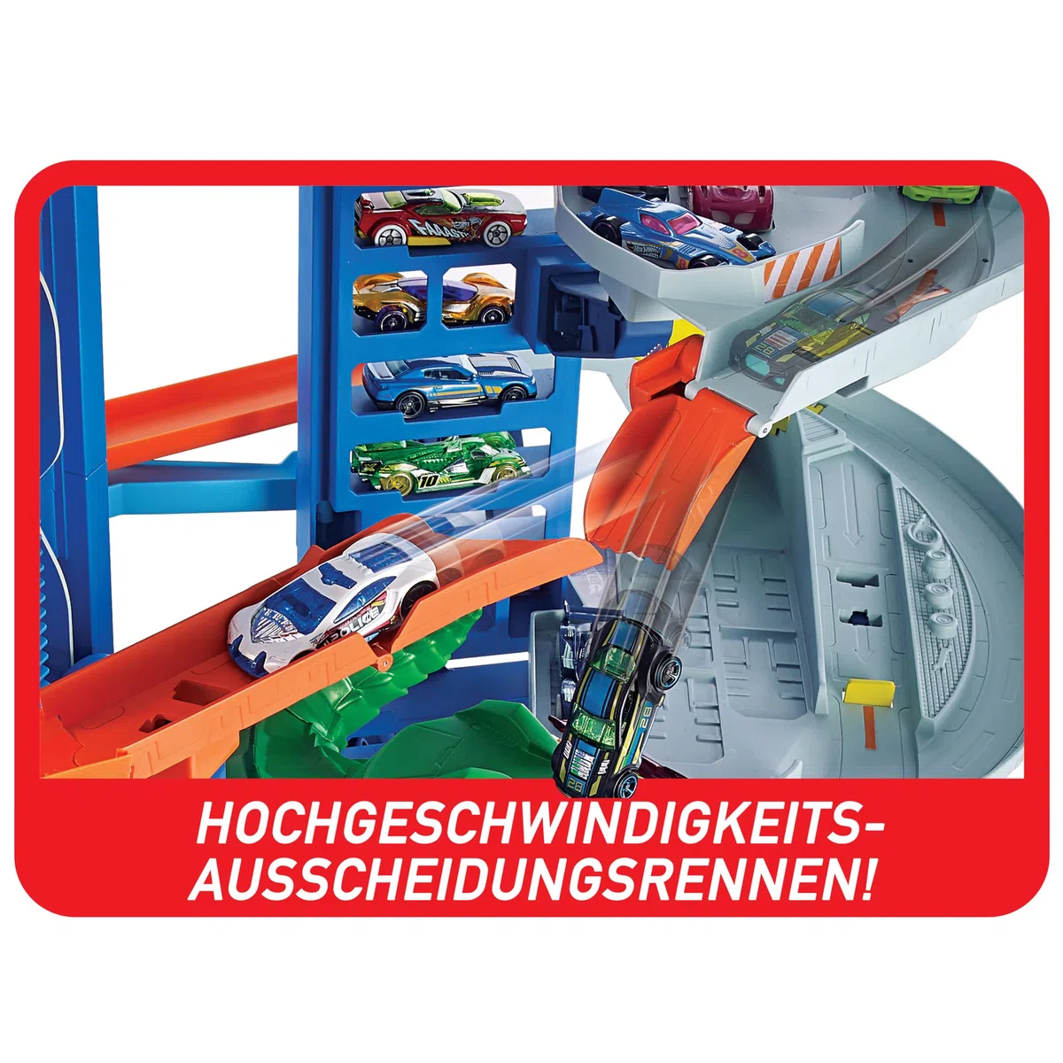 Hot Wheels Garage, Hot Wheels Parkgarage inkl. 2 Spielzeugautos, mit mehrstöckiger Autorennbahn, T-Rex Angriff und Platz für +100 Autos, Höhe: 90cm, Auto Spielzeug, Spielzeug ab 5 Jahre, GJL14