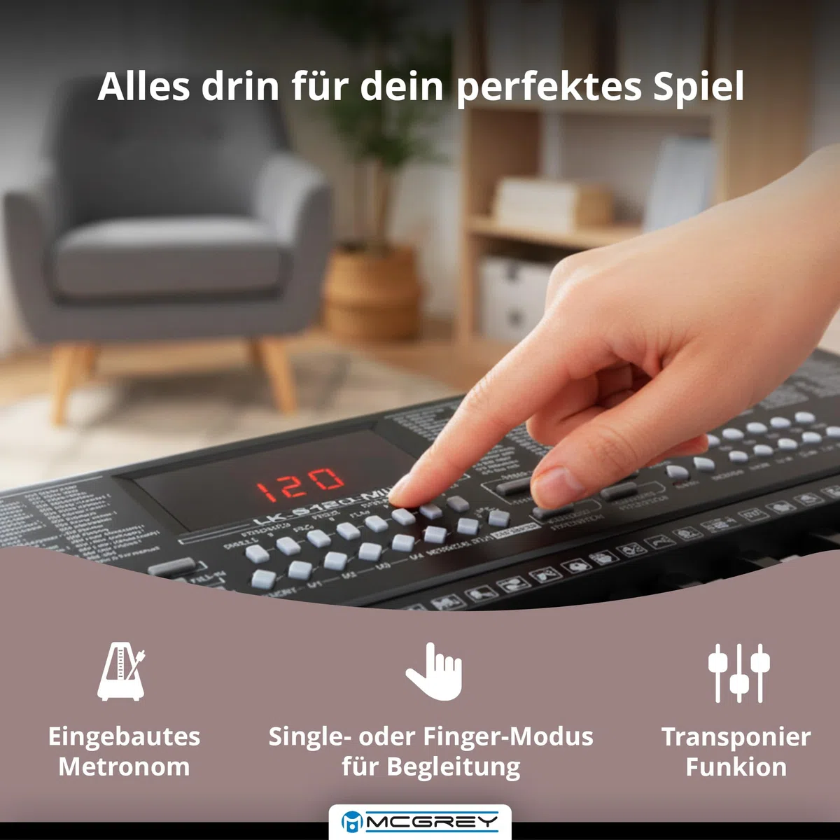 McGrey LK-6120-MIC Keyboard Set - Einsteiger-Keyboard mit 61 Leuchttasten - 255 Sounds und 255 Rhythmen - 50 Demo Songs - Inklusive Mikrofon - Spar-Set inkl. X-Keyboardständer und Kopfhörer - Schwarz