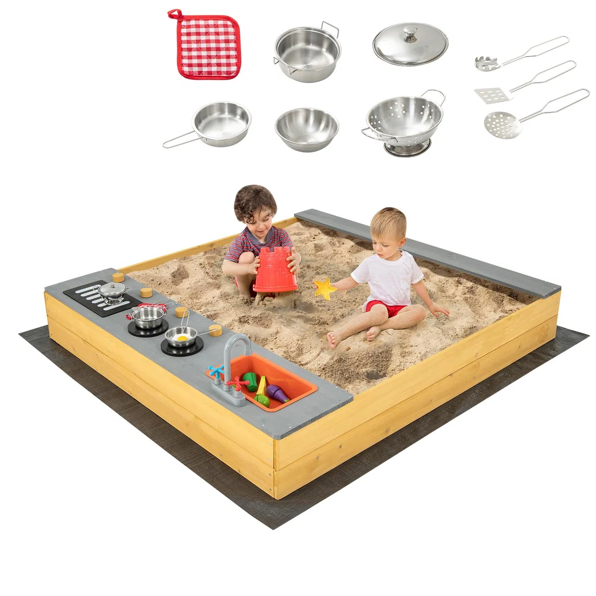 DREAMADE Sandkasten 135 x 125 x 20 cm, Outdoor-Sandkiste aus Tannenholz mit Bodenauskleidung & 9 Kochutensilien, kreativem Kochbereich & Sitzbank, Sandkasten groß für Hinterhof, Strand, Garten