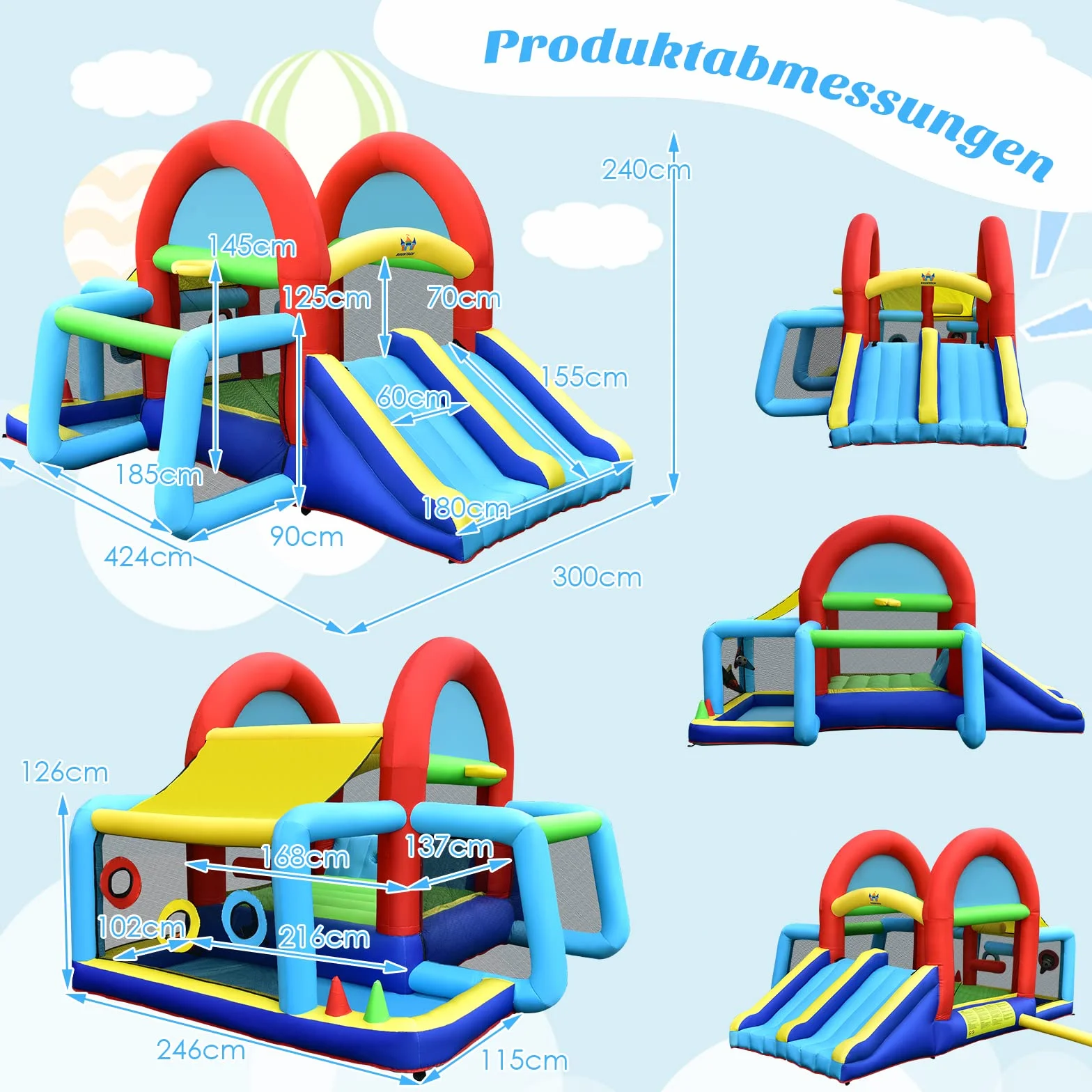 COSTWAY Hüpfburg mit Gebläse, Doppelrutschen, Sprungbereich, Kletterwand, Bällebad, Fußballtor, Basketballkorb, Zielspiel & Ringwurf, Outdoor Hüpfschloss für Kinder, 424 x 300 x 240 cm