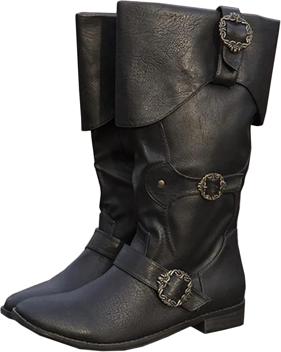 Mittelalterliche Ritterstiefel für Erwachsene Cosplay - Retro Langschaft Leder Manschettenschuhe - PU Leder Stiefel Renaissance Plus Size Stiefel Schuhe mit Gürtelschnalle,Schwarz,45