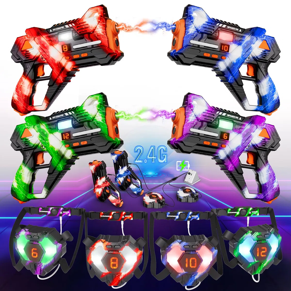 Wiederaufladbare Laser Tag 360° Kämpfen - 2.4GHz Data SYNC Display Laser Tag mit Weste und Rücken Ziel 4 Spieler,Infrarot Laser Tag Spiel für drinnen und draußen für Kinder Teen Alter 6-12+ Jahre alt
