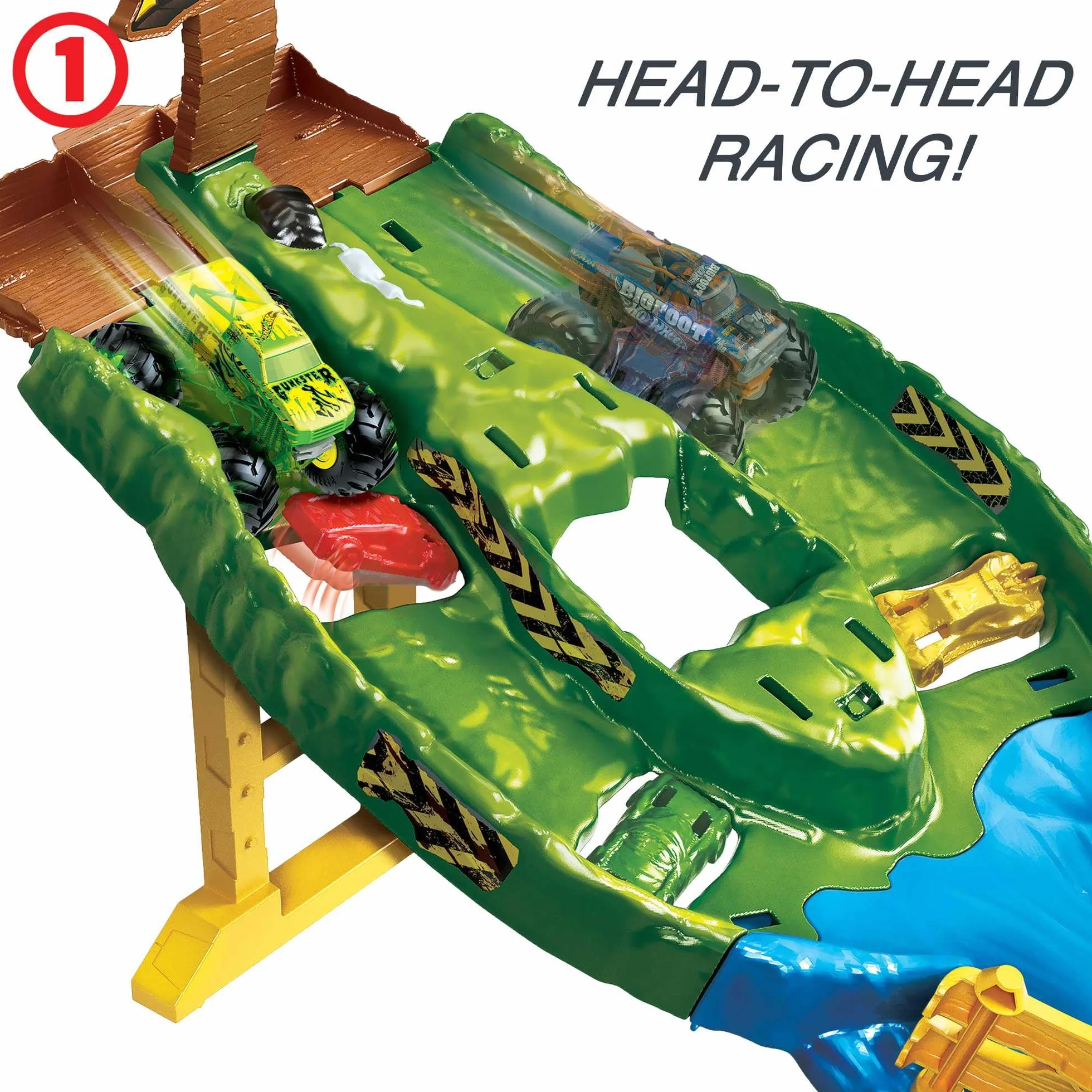 Hot Wheels HJG32 - Monster Trucks Rennstrecke Spielset mit den Monster Trucks Bigfoot und Gunkster für Kopf-an-Kopf-Rennen, Autospielzeuge für Kinder ab 4 Jahren