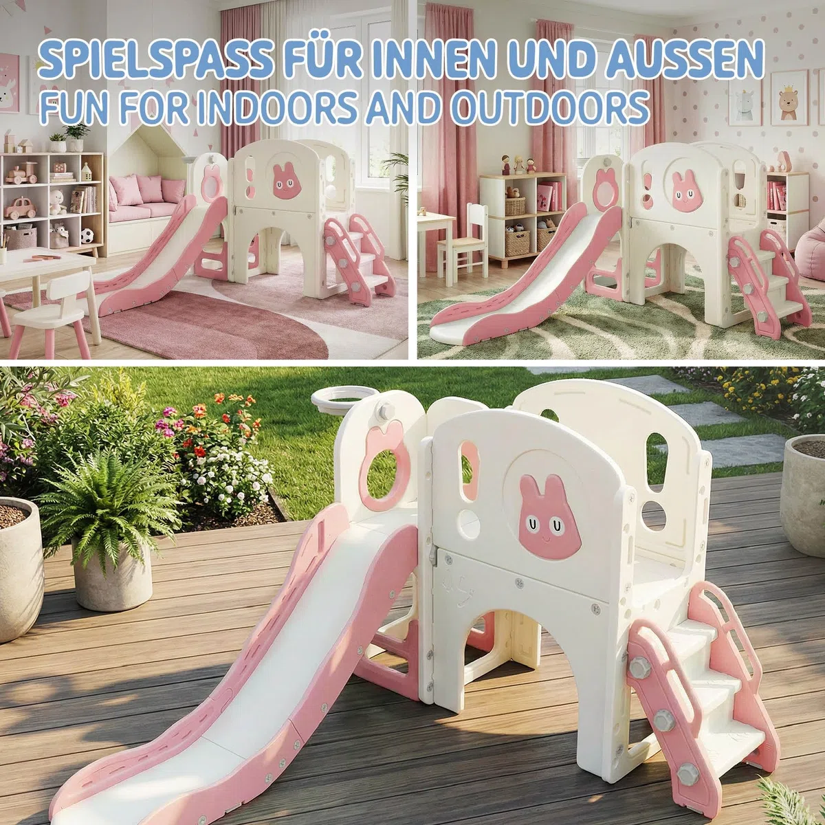 Joyz Kinderrutsche mit Spielturm, 5 in 1 Kinder Spielplatz mit Turm Rutsche Treppe Basketballkorb Teleskop, Spielset Klettergerüst, Spielzeug Indoor Outdoor Spielgerät für Kinder ab 3 Jahren, Rosa
