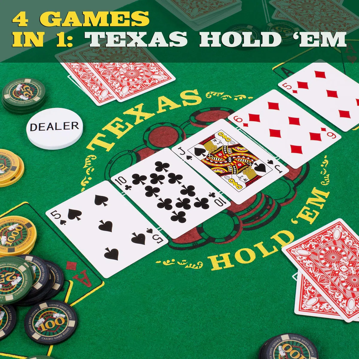 Brybelly Casino Night 4-in-1 Komplettes Spielset mit Filz, Rad, 100 Chips, Würfel & Karten für Blackjack, Craps, Roulette & Texas Hold'em - Grüner Filz Doppelseitige Casino Tischplatte Gamingmatte