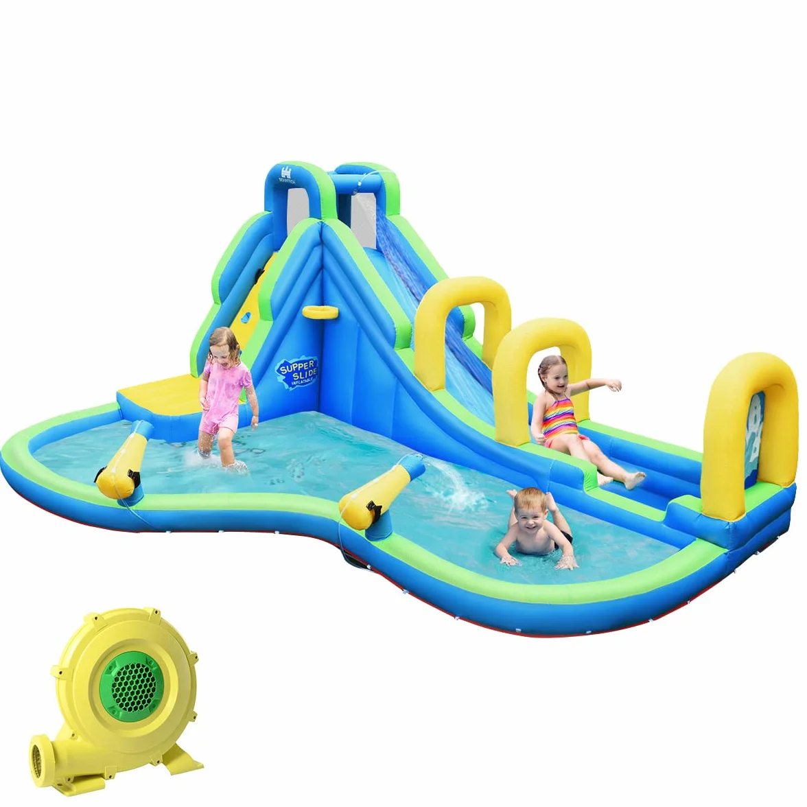 COSTWAY Hüpfburg Wasserrutsche Spielpool Aufblasbare, Wasserspielcenter mit Rutsche, Wasserpark aufblasbar, Planschbecken 478x366x242cm (Hüpfburg mit Gebläse)