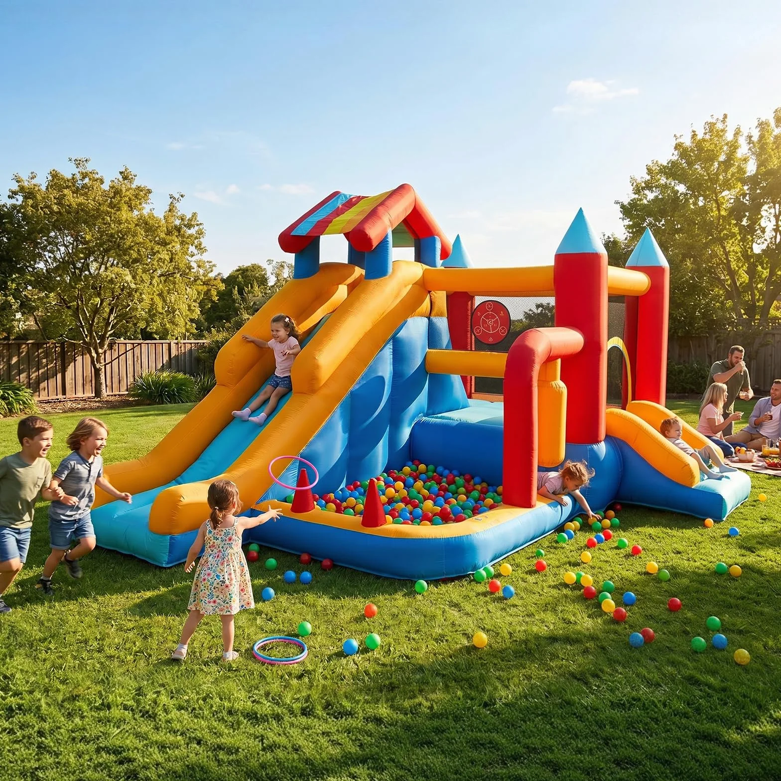 9-in-1 Hüpfburg mit Wasserrutsche & Sicherheitsnetz – AONESY Aufblasbare Hüpfburg für Kinder Outdoor/Garten – mit Gebläse, für Geburtstagsfeier, als Geschenk für 3-10 Jahre