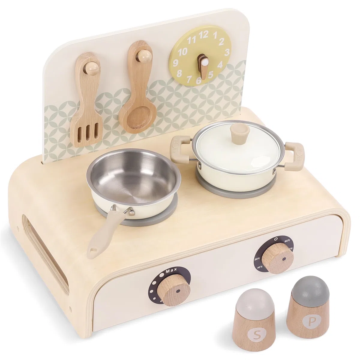 Kinderküche Zubehör Holz, Mini Spielküche Spielset mit Topf, Pfanne, Drehbare Knöpfe mit Klickgeräusch, Montessori Spielzeug ab 3 Jahren