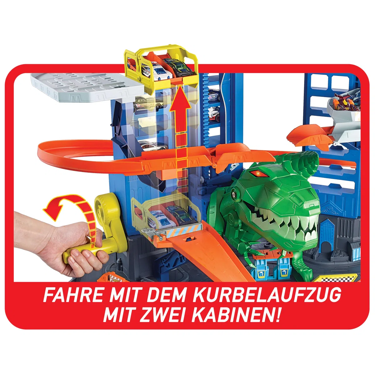 Hot Wheels Garage, Hot Wheels Parkgarage inkl. 2 Spielzeugautos, mit mehrstöckiger Autorennbahn, T-Rex Angriff und Platz für +100 Autos, Höhe: 90cm, Auto Spielzeug, Spielzeug ab 5 Jahre, GJL14