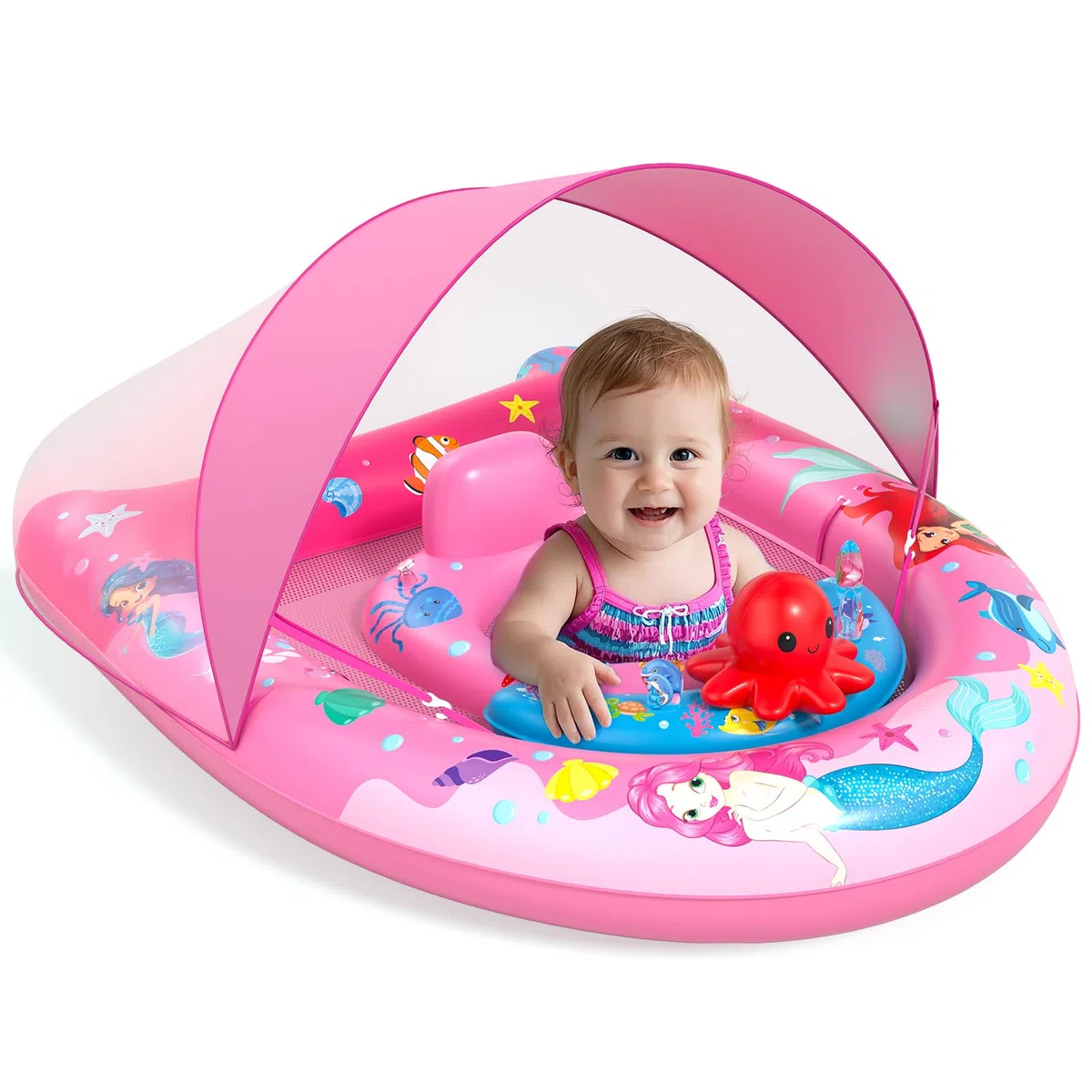 Sunrad Schwimmring Baby mit UPF50+ Sonnendach,Baby Schwimmring ab 6-36 Monate Schwimmhilfe Kinder mit Verstellbarer Sicherheitssitz & Spielzeug,Schwimmreifen Kleinkind Pool Schwimmring