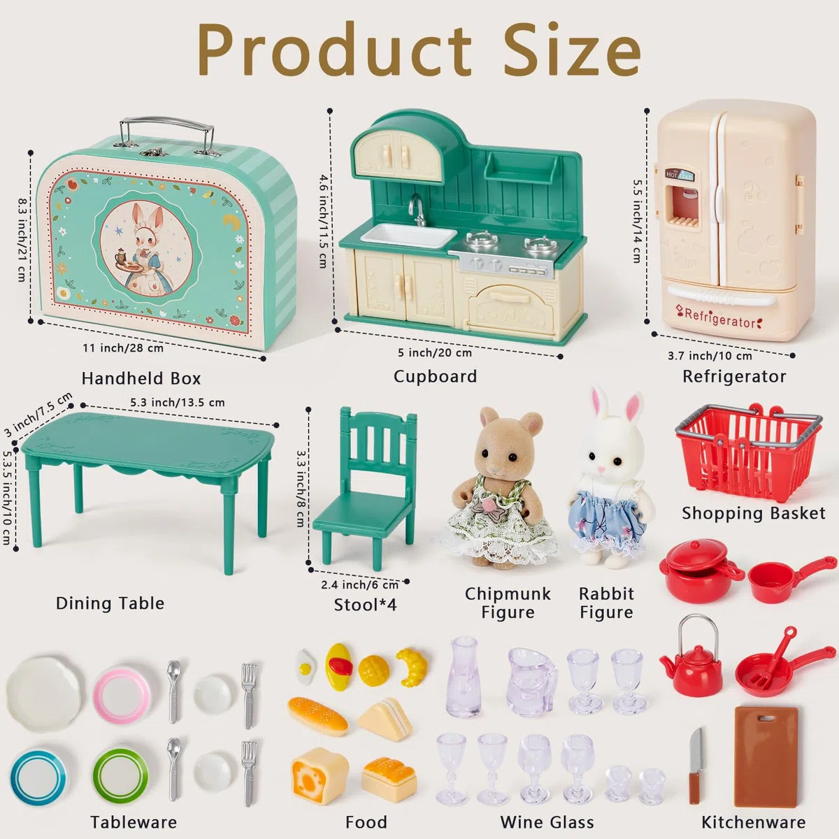 Koffer Dollhouse Tragbares Puppenhaus Möbel Zubehör DIY Miniatur Haus mit 2 Flexible Puppen, Klavier, Schlafzimmer Möbel Rollenspiel Geschenk Spielzeug für Kinder Mädchen Jungen ab 3+ (Küche)