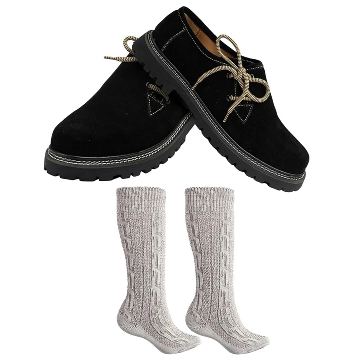 German Wear Haferlschuhe Trachtenset Herren Trachtenschuhe Trachtensocken 2 Schnürsenkel Set - Wildleder Original Handmachart 100% Leder-Futter Lederschuhe mit Melierte Socken