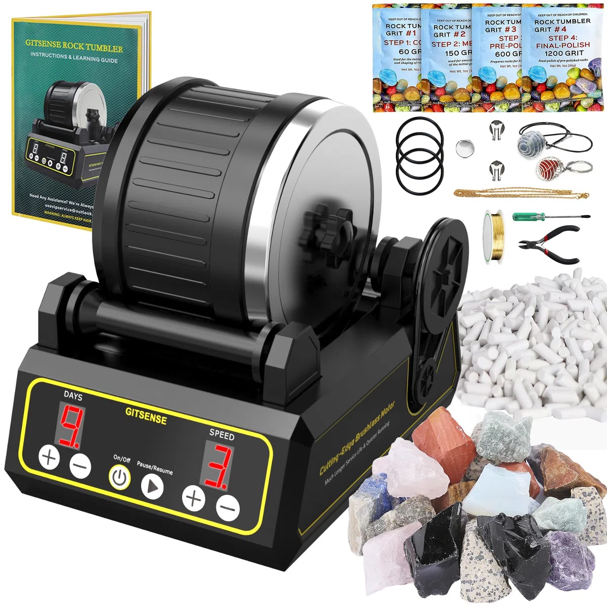 Professionelles Rock-Becher-Set, großes 1,1 kg Barrel Rocks Tumbler-Set, wissenschaftliches Geschenk für Kinder und Erwachsene, 9-Tage-Timer und 3-Gang-Motor, inklusive Steinen, Körnungen und
