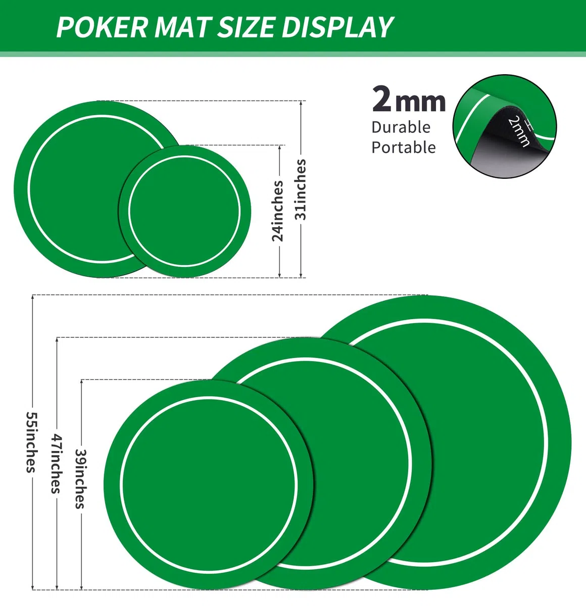 Texas Holdem Pokermatte 60/80/100/120/140cm Rund Tragbarer Pokertisch Pokerteppich Deco Layout Druck für 8 Spieler Spiellayout-Matte