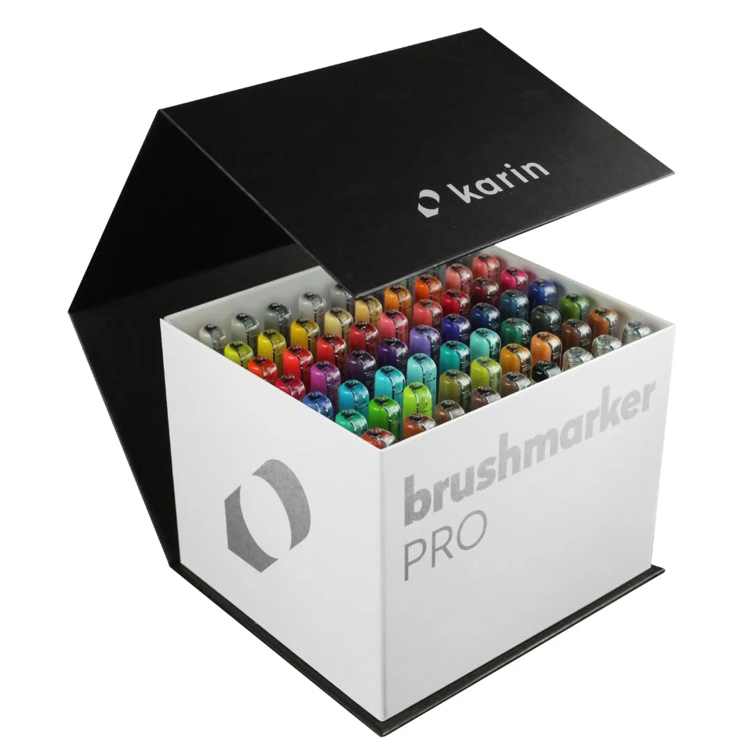 KARIN Megabox Brushmarker PRO set. 60 Farben Brushpens auf Wasserbasis geeignet zum Malen, Zeichnen und Handlettering, 1 stück (63er Pack)