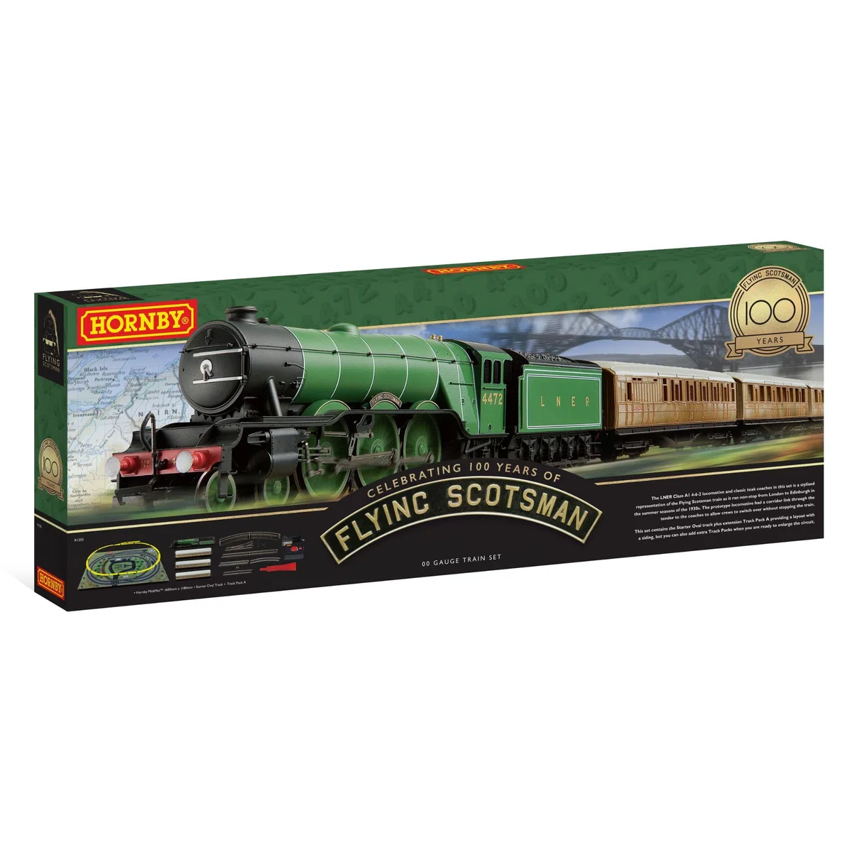 Hornby R1255M Flying Scotsman Train Set - Analog Spurweite 0,000 € Modelleisenbahn inkl. Lokomotive, 3X Reisebusse, Ovalstarterbahn - Starter Elektrische Modelleisenbahn Sets - Maßstab 1:76