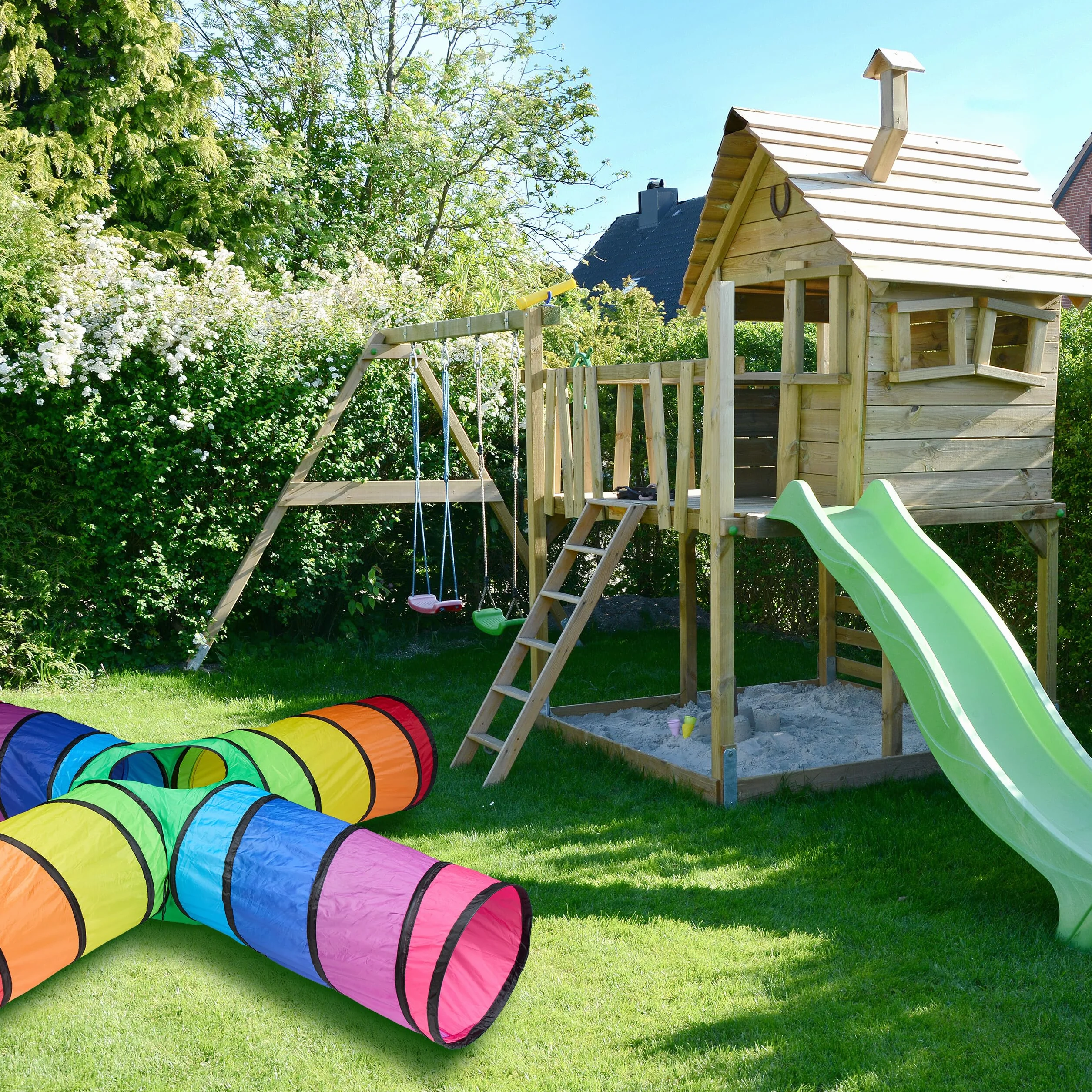 Relaxdays Spieltunnel 4 Röhren, farbenfroher Kindertunnel, HBT: 46x232x232 cm, robuster Pop-up Tunnel, Polyester, bunt