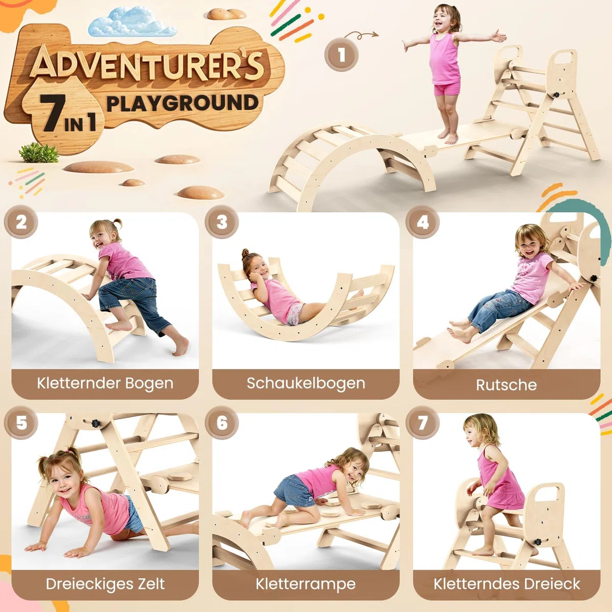 7-in-1 Montessori Klettergerüst Indoor Set, Verformbares Kletterdreieck mit Rutsche und Kletterbogen, Ideal für Babys und Kleinkinder 1-6 Jahre, Fördert Spiel, Bewegung und Kreativität