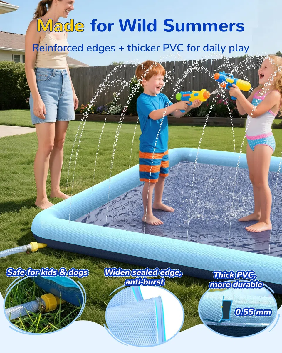 Quadratische Wassersprinkler Kinder & Hunde Outdoor, Wasserspielmatte Hunde mit Verdickte Anti-Rutsch PVC, Wassersprinkler Splash Pad für Garten Outdoor Camping Sommer (200CM)