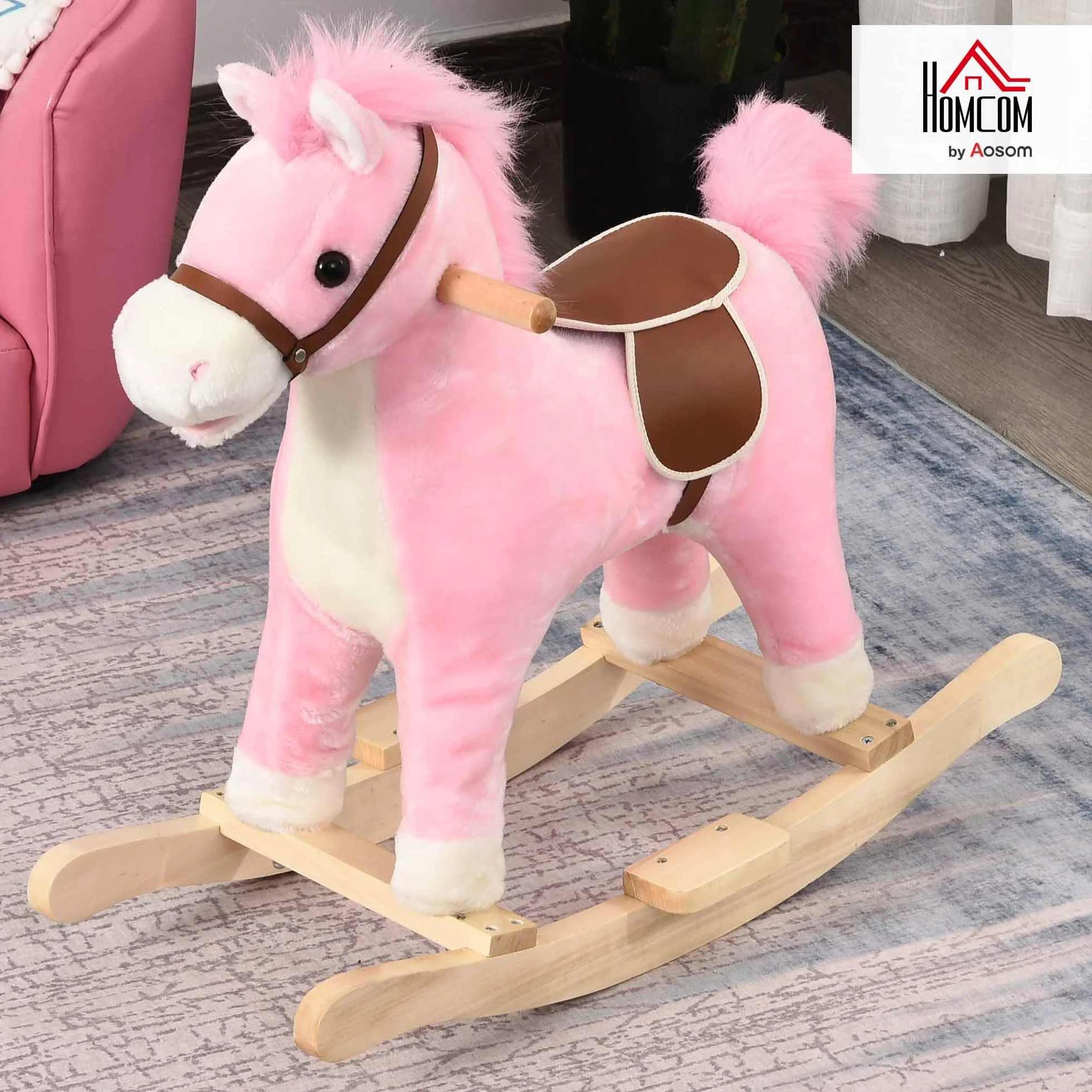 HOMCOM Kinder Schaukelpferd Baby Schaukeltier Pferd mit Tiergeräusche Spielzeug Haltegriffe für 36-72 Monate Plüsch Rosa 65 x 32,5 x 61 cm