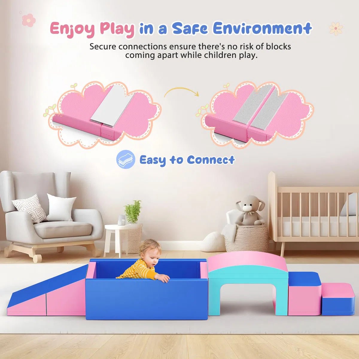 6pcs Schaumstoff Bausteine Kinder, Schaumstoff Bausteine mit Bällebad & Tunnel, weiche Softbausteine als Indoor-Klettergerüst für Kleinkinder, Rosa & Blau