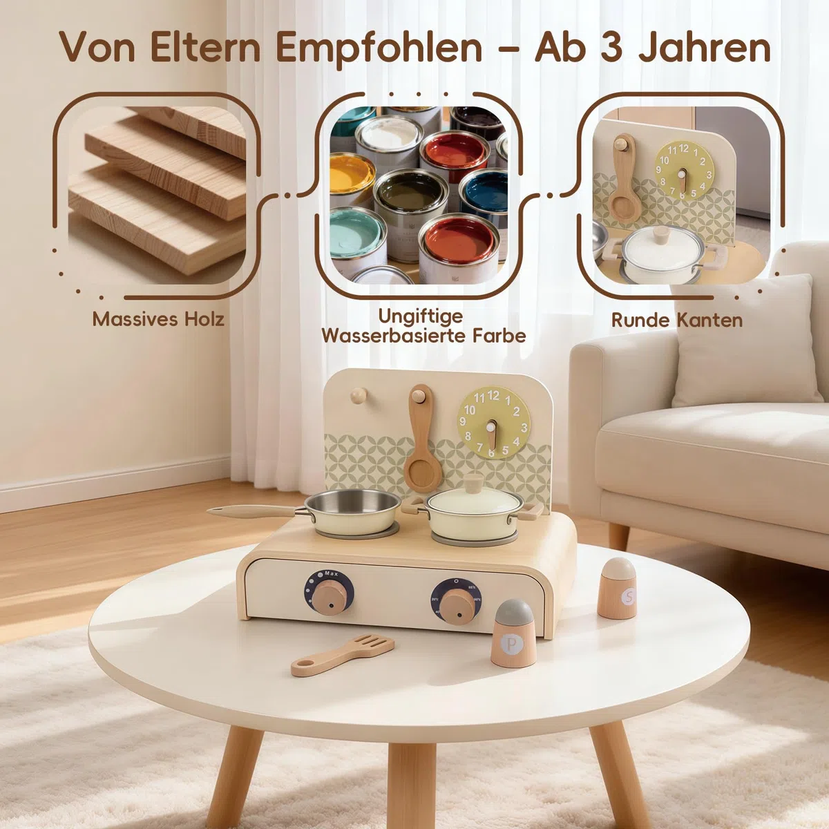 Kinderküche Zubehör Holz, Mini Spielküche Spielset mit Topf, Pfanne, Drehbare Knöpfe mit Klickgeräusch, Montessori Spielzeug ab 3 Jahren