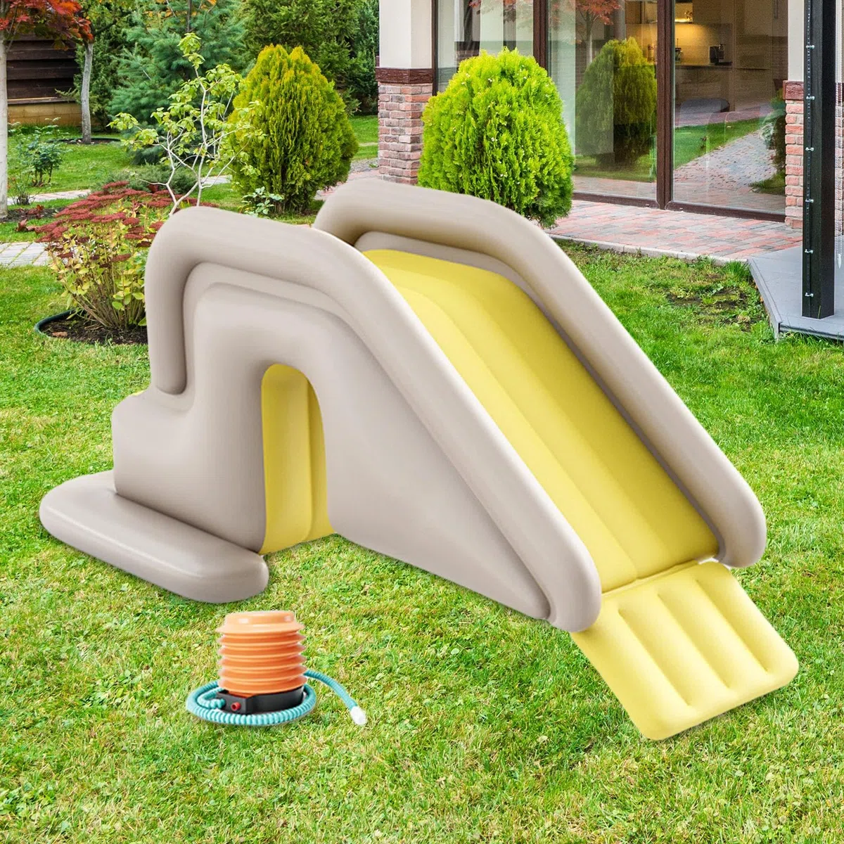 Aufblasbare Rutsche mit Einfachem Aufbau Verbreiterte Wasserrutschbahn Aus PVC Praktische Kinderkletterrutsche mit Wasserfüllbarer Stabilisierung, GRAU