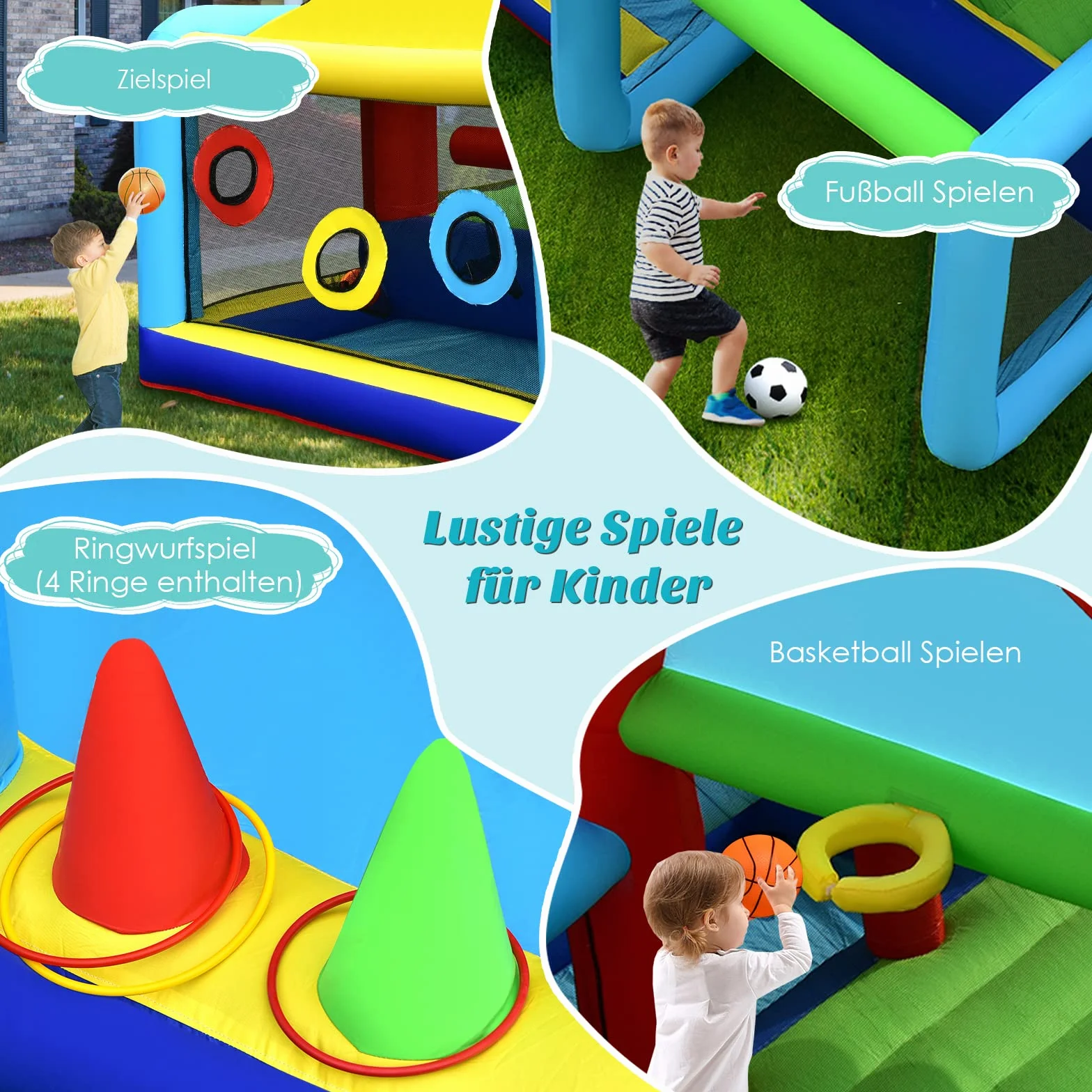 COSTWAY Hüpfburg mit Gebläse, Doppelrutschen, Sprungbereich, Kletterwand, Bällebad, Fußballtor, Basketballkorb, Zielspiel & Ringwurf, Outdoor Hüpfschloss für Kinder, 424 x 300 x 240 cm