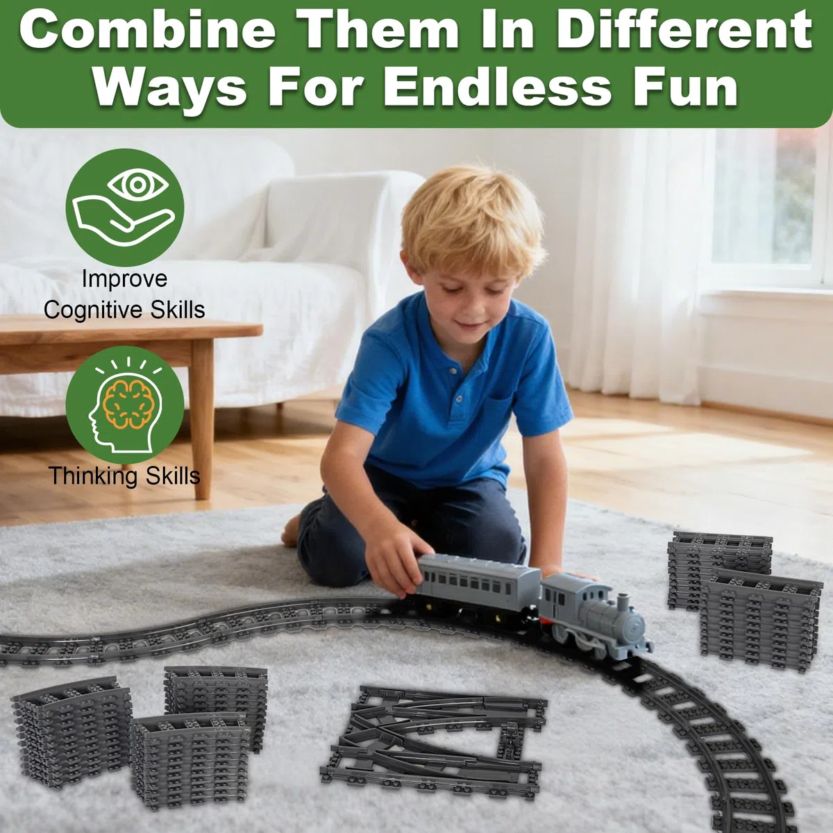 Bausteine Zug Schienen Set, 54 Stück City Zug Schienen Set, Bestehend aus Cross Track Gerade, Kurven Schienen, City Erweiterungsset Gleise Kompatibel mit dem Marktführer, für Kinder Geschenk