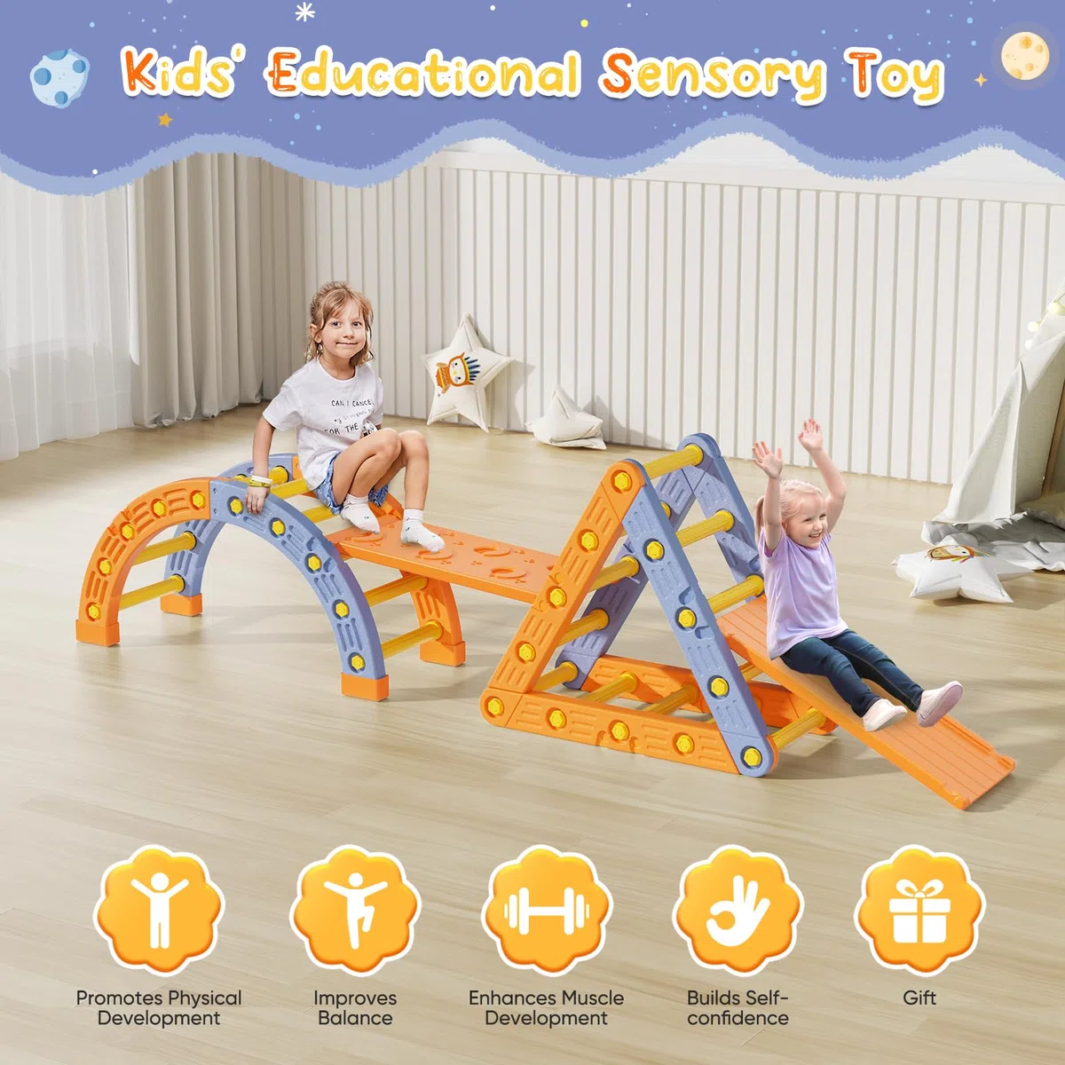 Montessori Klettergerüst Set, Indoor Kletterdreieck mit Dreieckiges Klettergerüst,Halbkreis, Leiter,Rutsche aus Kunststoff Kletterturnhalle für Babys (Orangeblau 005)