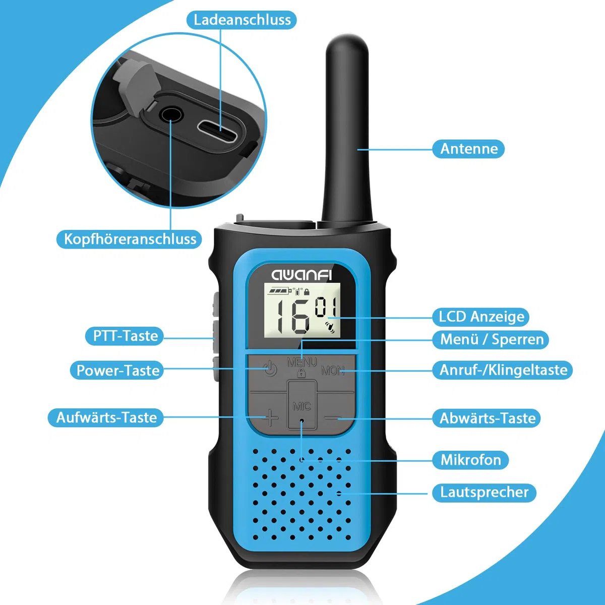 Walkie Talkie 4er Set, Walkie Talkie Aufladbar für Erwachsene Kinder, 16 Kanäle Funkgeräte Set mit 1200mAh Li-ion Akku VOX, Walki Talki für Camping Wandern Geschenk