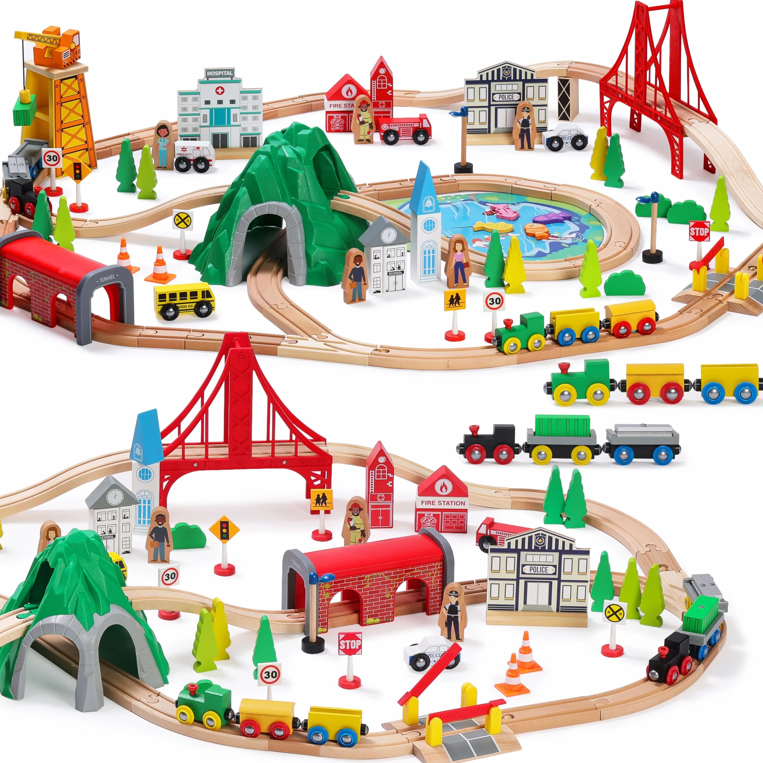 SainSmart Jr. Holzeisenbahn Set 112 Teile, Großes City Zugset mit Brücke, Tunnel, Kompatibel mit Brio, Thomas & Melissa & Doug, Geschenk für Kinder ab 3 Jahren