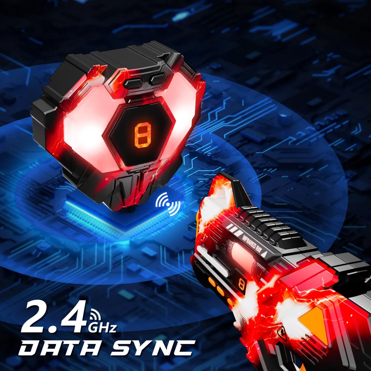 Wiederaufladbare Laser Tag 360° Kämpfen - 2.4GHz Data SYNC Display Laser Tag mit Weste und Rücken Ziel 4 Spieler,Infrarot Laser Tag Spiel für drinnen und draußen für Kinder Teen Alter 6-12+ Jahre alt