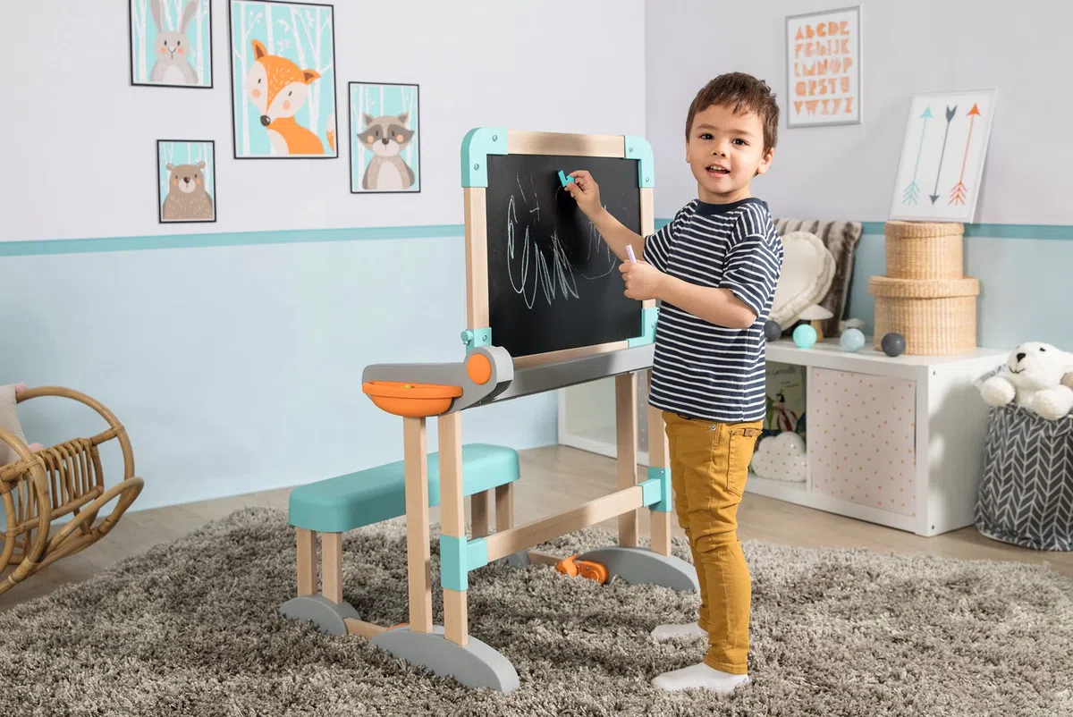 Smoby - Holzschreibtisch 2-in-1 - Zusammenklappbar, Schreibtisch und Kreativtafel, viel Zubehör, aus Buchenholz, für Kinder ab 3 Jahren