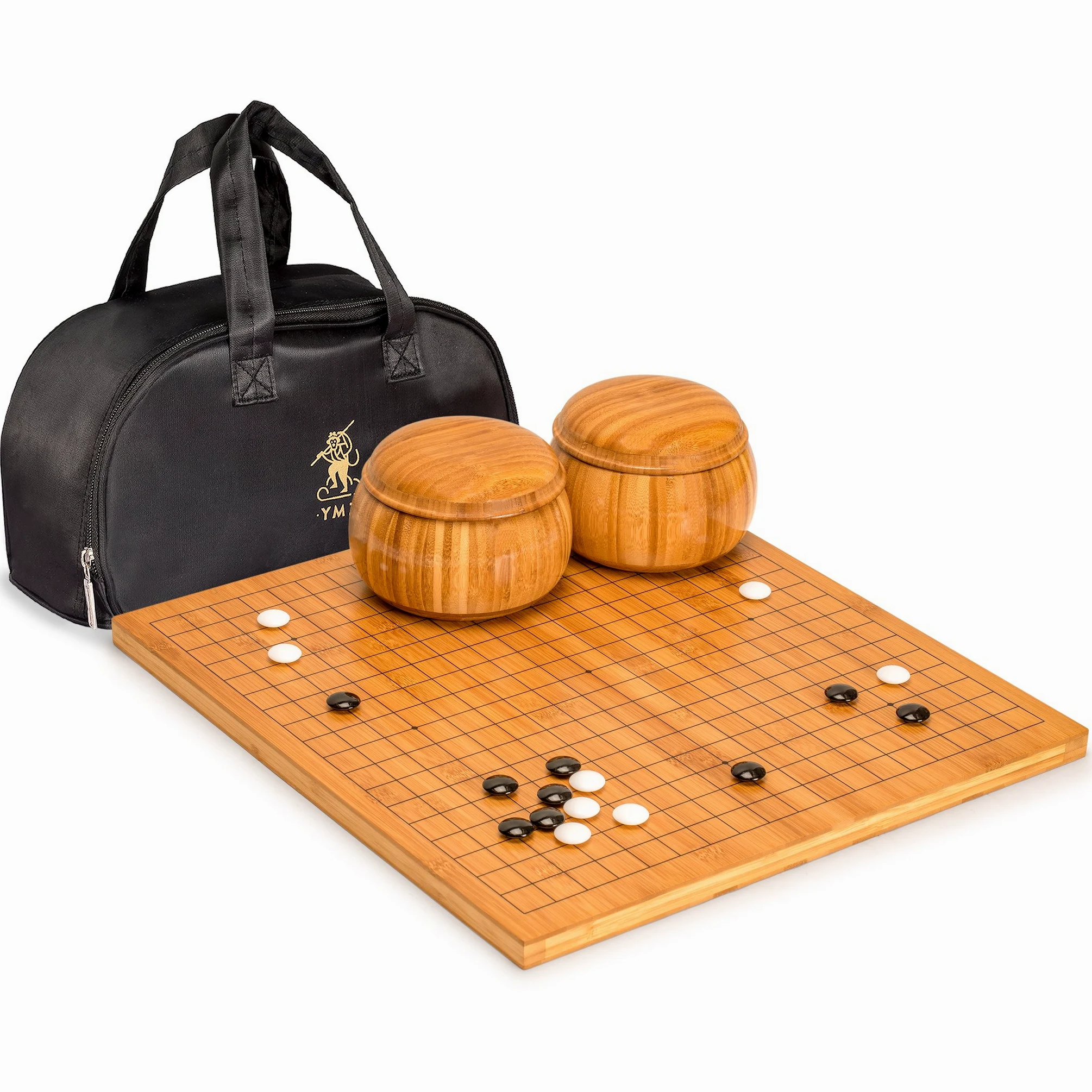 Yellow Mountain Imports Bambus 2 Zentimeter Wendbar 19 x 19/13 x 13 Go-Spielbrett-Set mit Doppelt Konvexen Melamin-Steinen und Bambus-Schalen - Klassisches Strategie-Brettspiel (Baduk/Weiqi)
