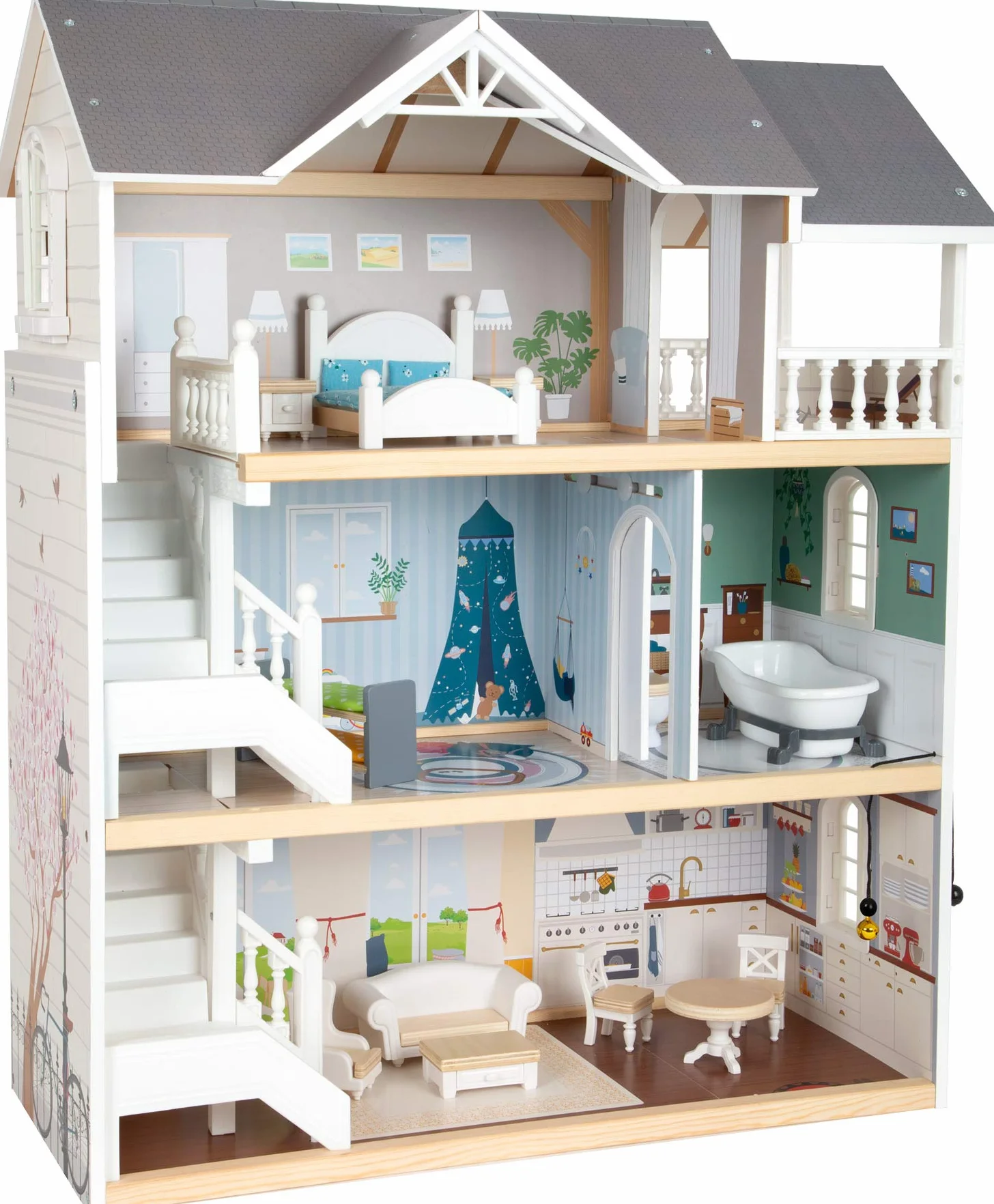Small Foot Puppenhaus Stadtvilla aus Holz, mit 3 Etagen, offener Front und 12 Möbeln, für Kinder ab 3 Jahren, 11802, Weiß Grau | 3 Etagen, Offene Front, 12 Möbel, Für Kinder ab 3 Jahren