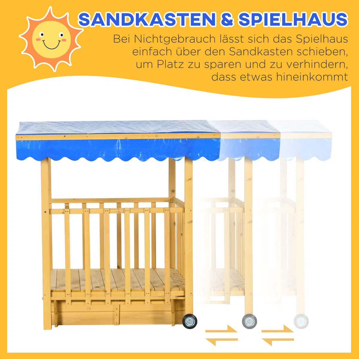 Outsunny Sandkasten mit Dach, Sandkiste aus Holz mit Spielhaus, 133 x 129 x 137,5 cm Sandbox mit Rollen für 3-8 Jahre Kinder, Garten, Natur