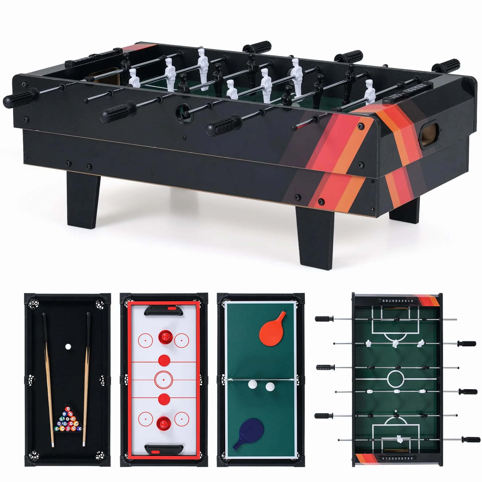 COSTWAY 4 in 1 Spieltisch, Tischkicker & Billard & Air Hockey & Tischtennis, Multifunktionstisch aus Holz, Tischfußball für Spielzimmer, Bars, Kickertisch für Kinder, Erwachsene