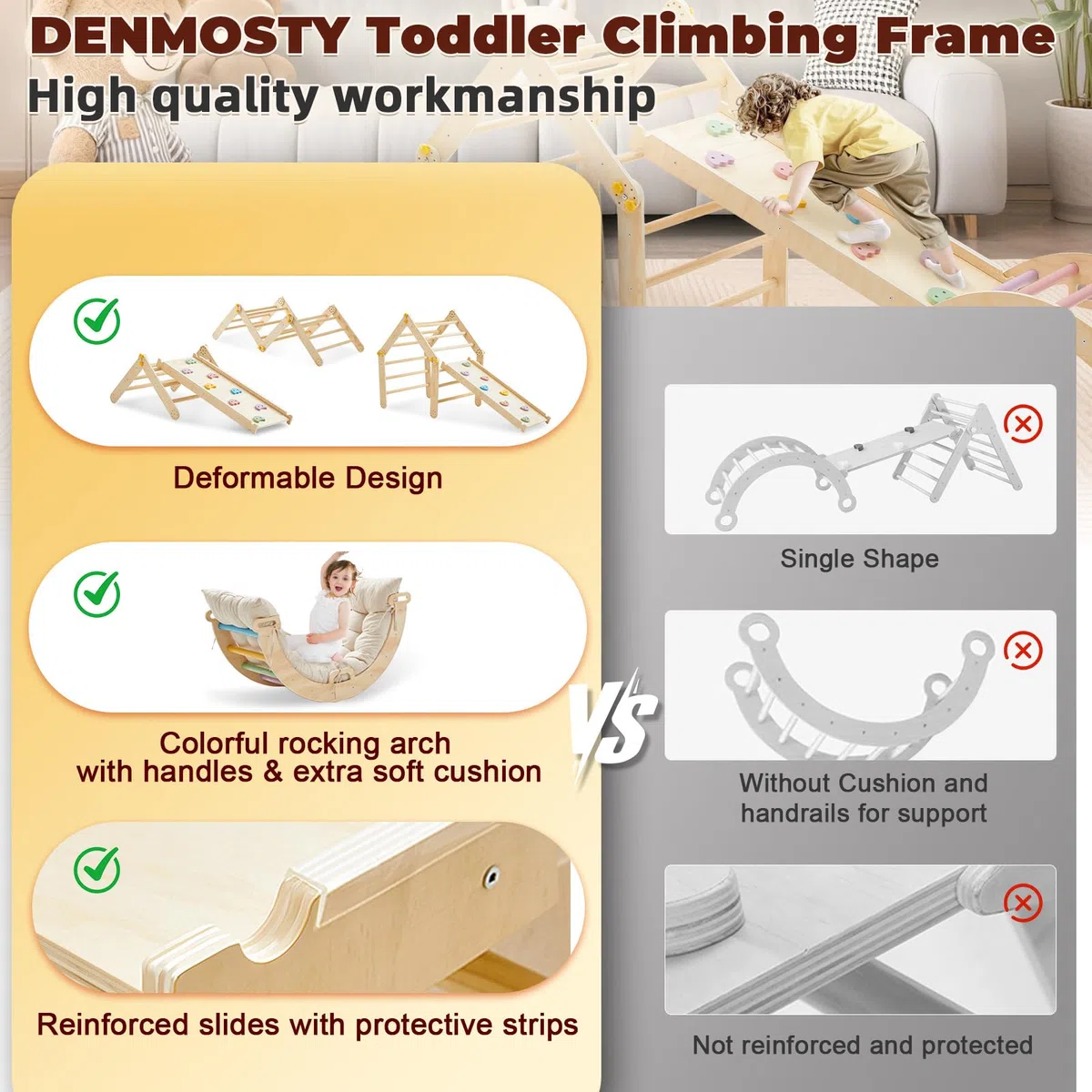 7-in-1 Montessori Klettergerüst Indoor ab 1 Jahr - Kletterdreieck mit Rutsche, Kletterbogen mit Kissen, Pikler Dreieck Baby Klettern Indoor Spielplatz Holz für Kinder und Kleinkinder